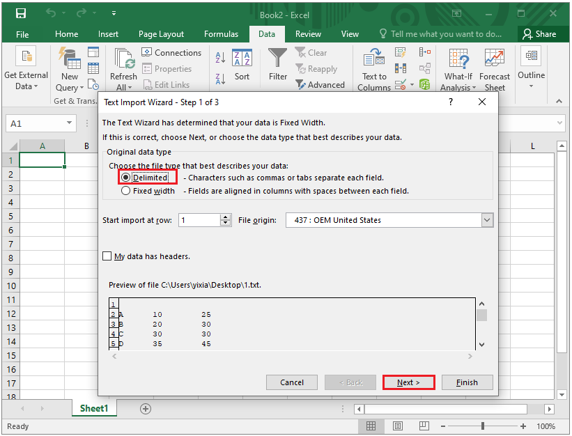 choose Delimited as file type
