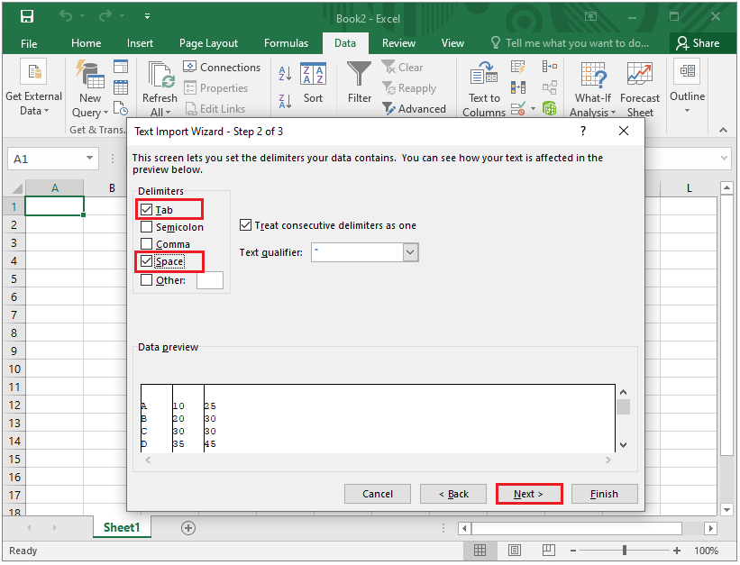 choose Tab and Space as Delimiters