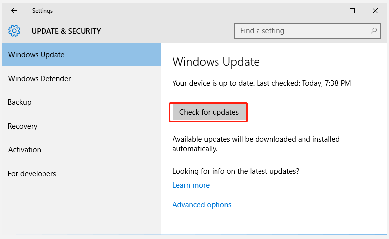 click Check for Updates
