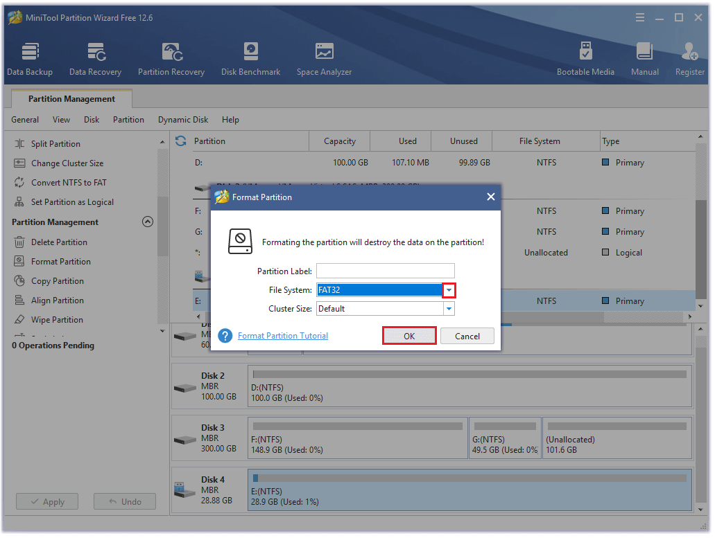 select FAT32 from the drop-down menu