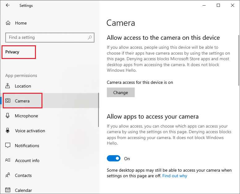 select the camera option on the list of App permissions