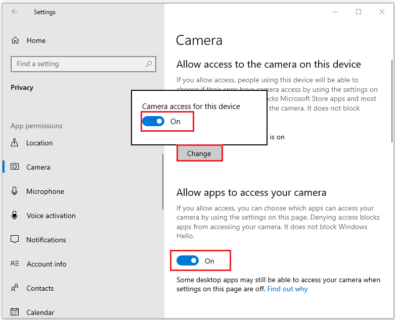 ensure the Camera access for this device is on
