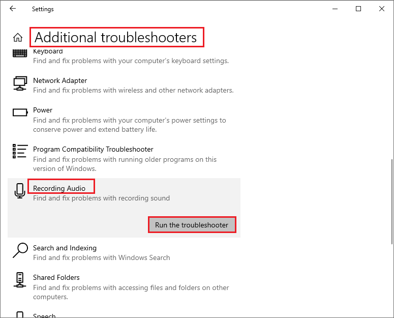 run Recording Audio troubleshooter