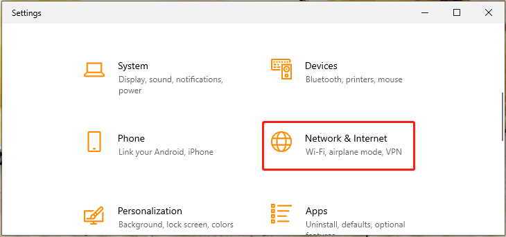 select Network and Internet on Windows 10