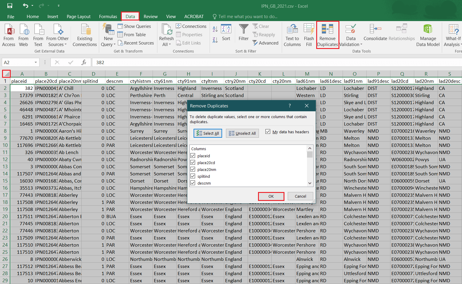 use Remove Duplicates function