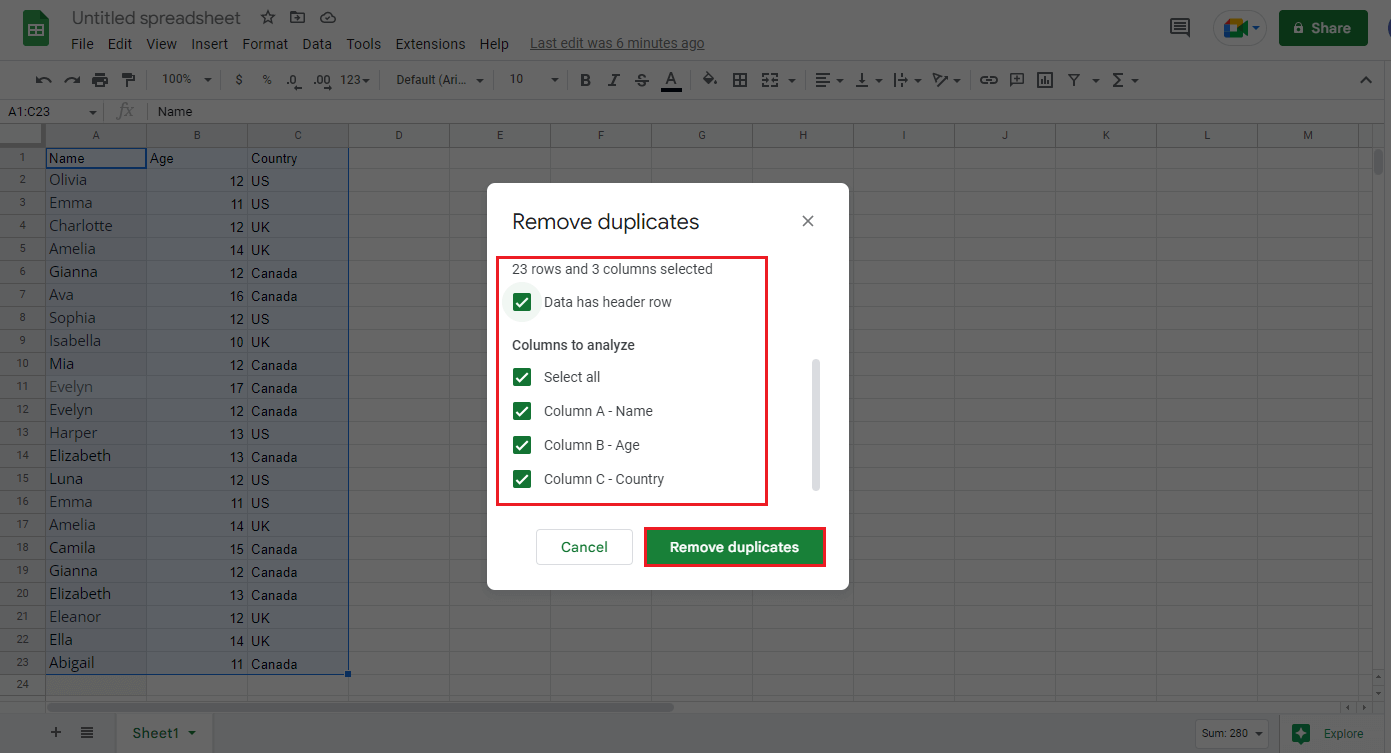 click on Remove duplicates button