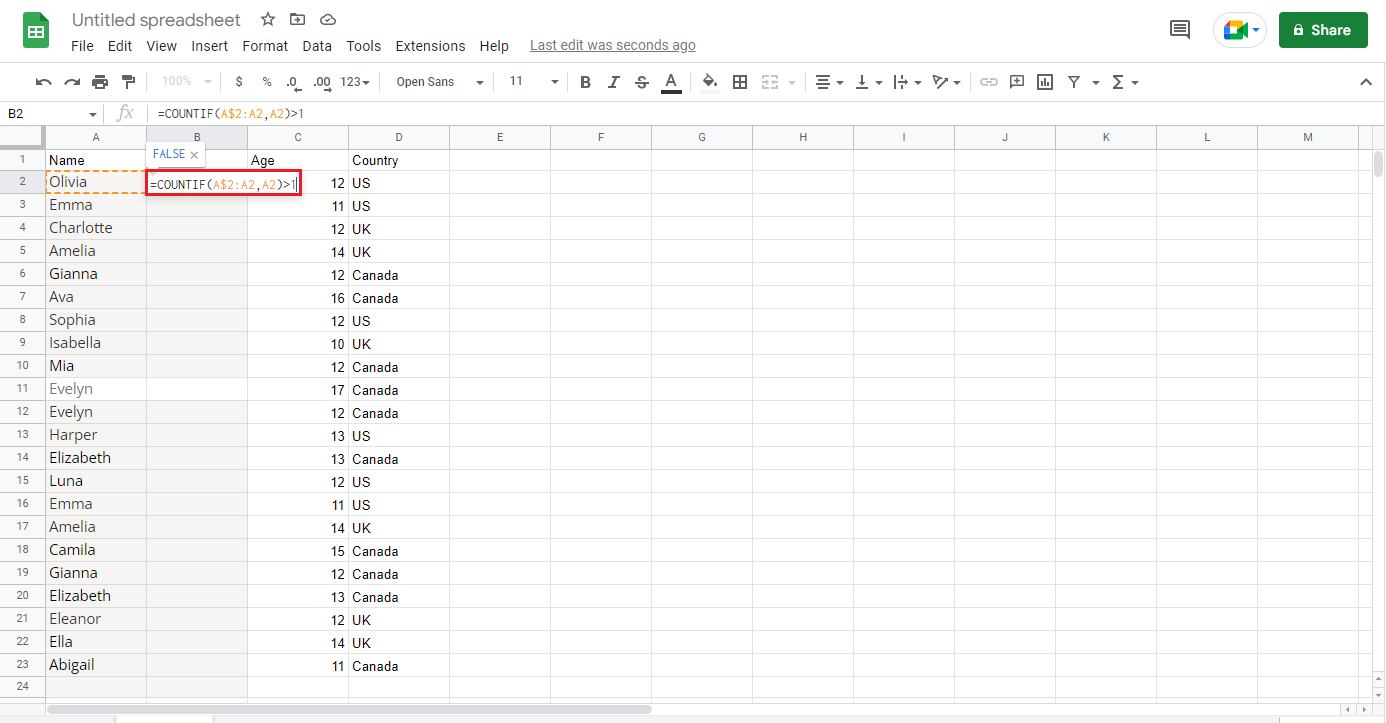 enter the COUNTIF formula on the new column