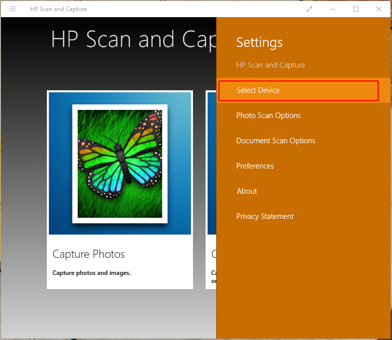 click Select Device on HP Scan and Capture
