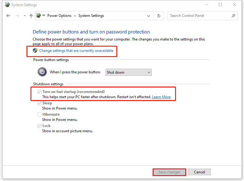 disable the Turn on fast startup option