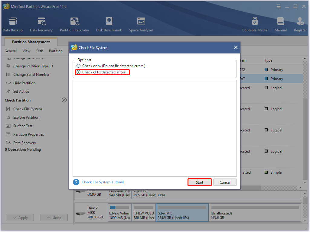 check and fix detected errors