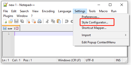 select Style Configurator on Notepad