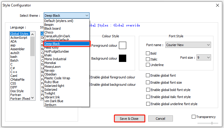 select Deep black for Notepad plus plus