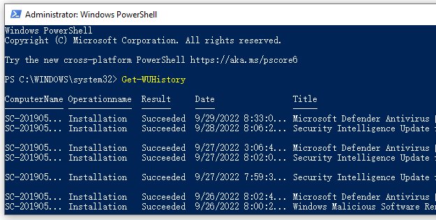check Windows updates installed history with PowerShell