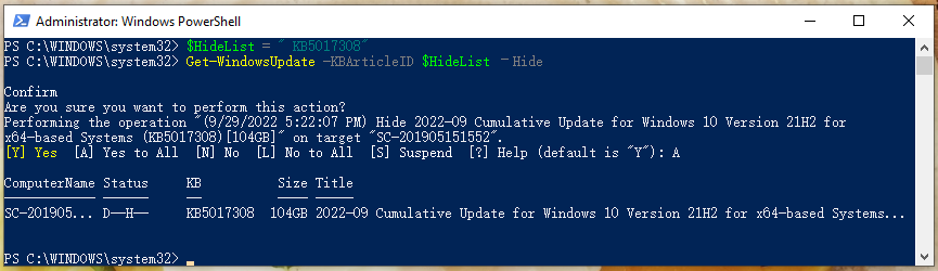 hide a specific update with PowerShell