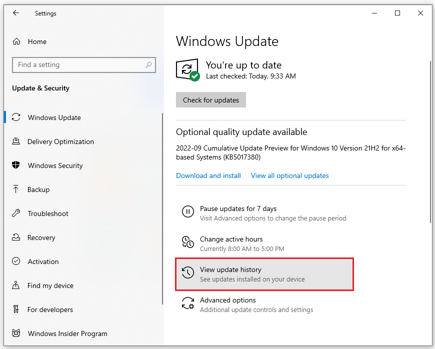 click on View update history