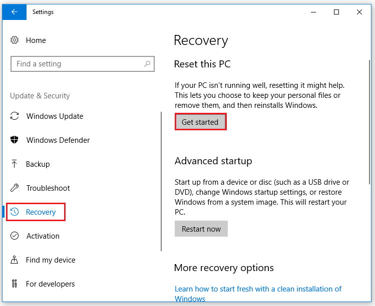 click on the Get started button to start resetting Windows 10