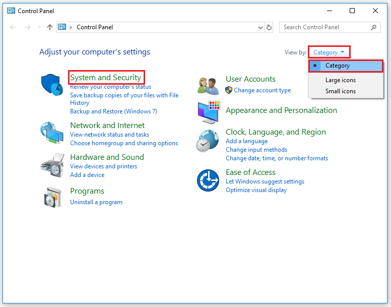 select the System and Security option