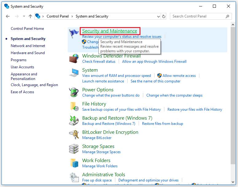 click on Security and Maintenance