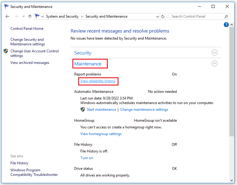 click View reliability history