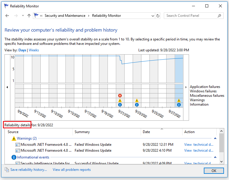 the Reliability details section