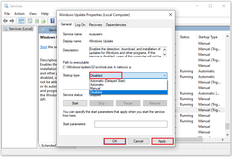 select Disable as Startup Type