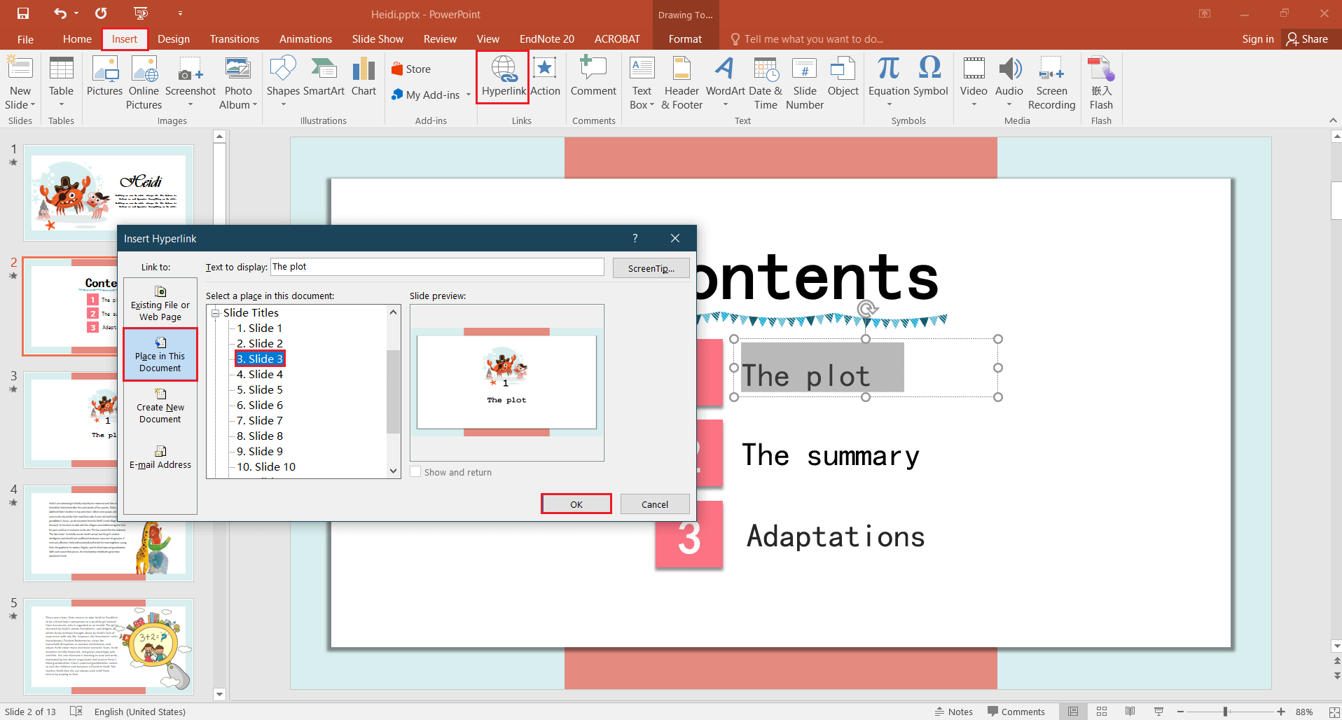 create hyperlink between contents and slide