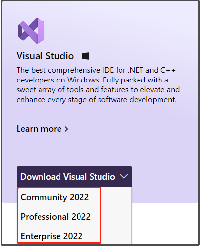 click the Download Visual Studio link