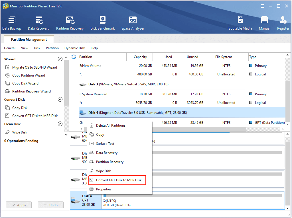 Convert GPT disk to MBR disk