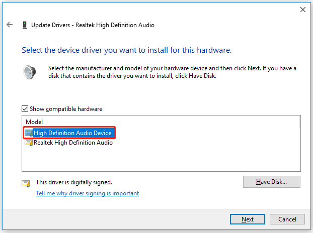 select High Definition Audio Device