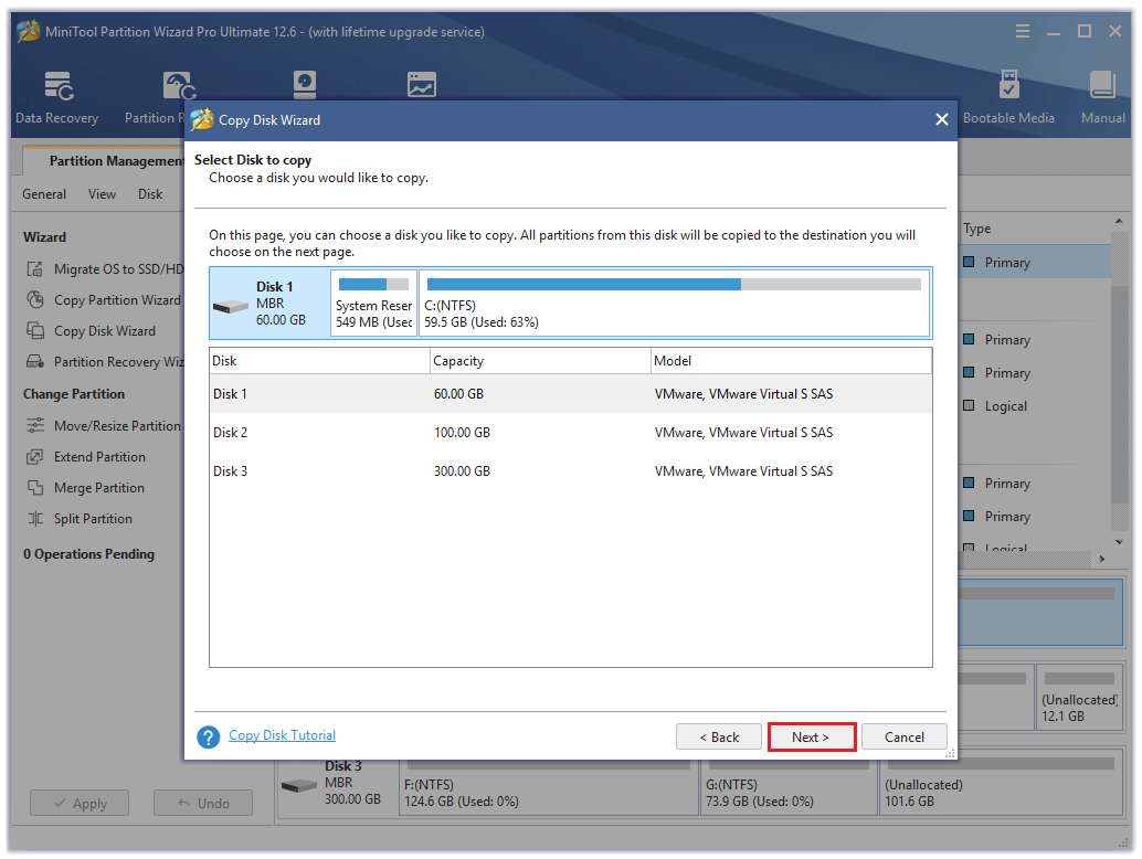 select the partition and click Next