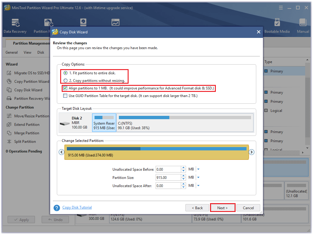 select the copy option and click Next