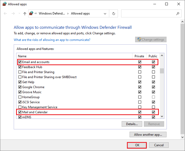 allow Mail and Calendar and Email and accounts through Windows Firewall