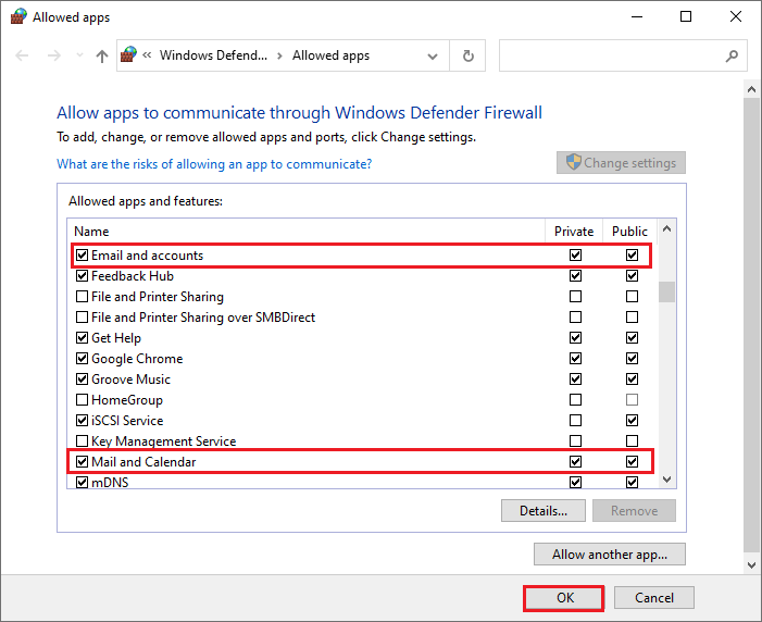 Cho phép Mail and Calendar và Email and accounts qua Windows Firewall