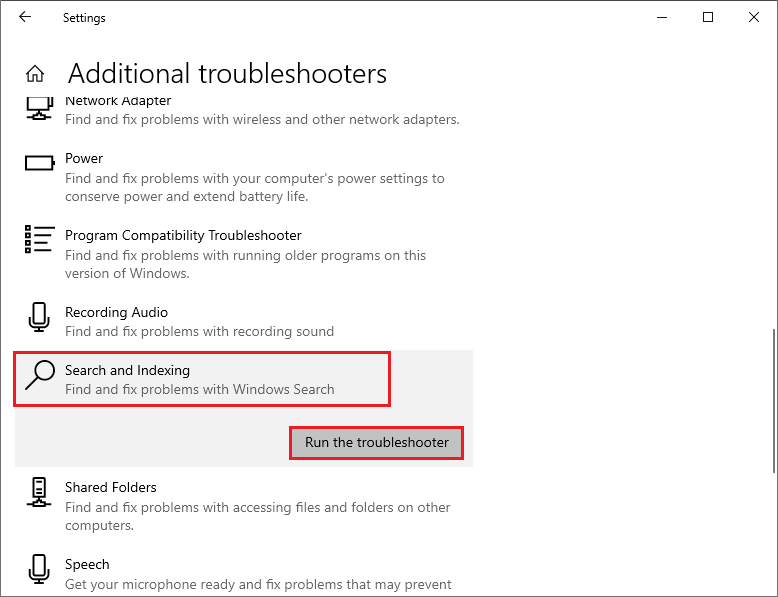 run the Search and Indexing troubleshooter