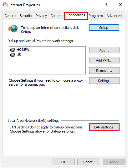 select LAN settings option