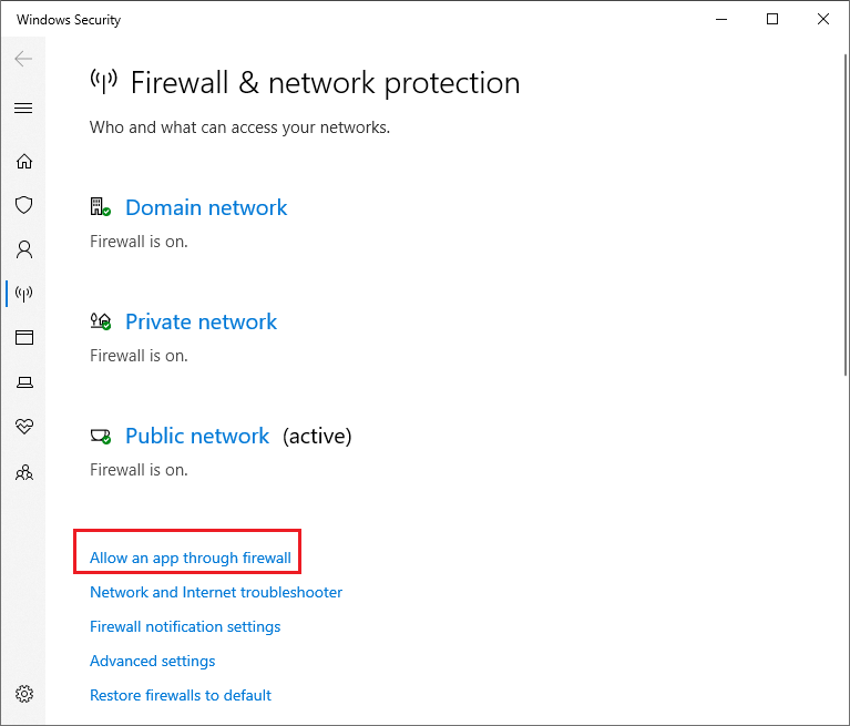 select Allow an app through firewall option