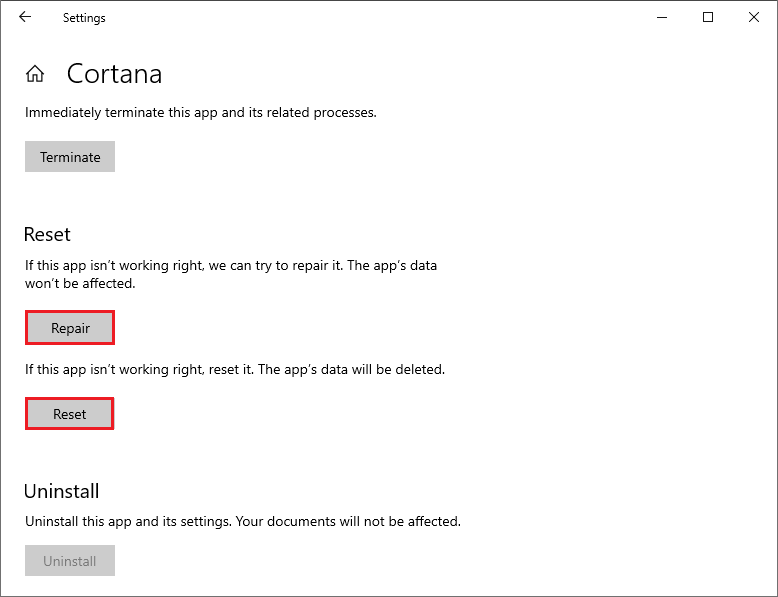 select Repair and Reset