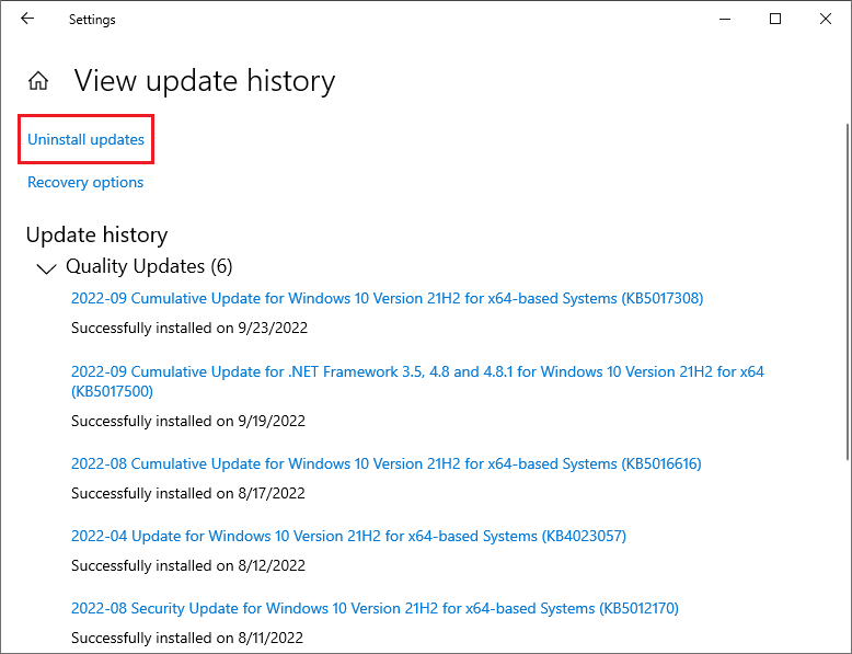 select Uninstall updates