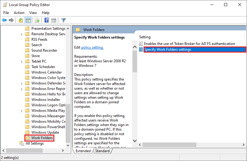 select Specify Work Folders settings option