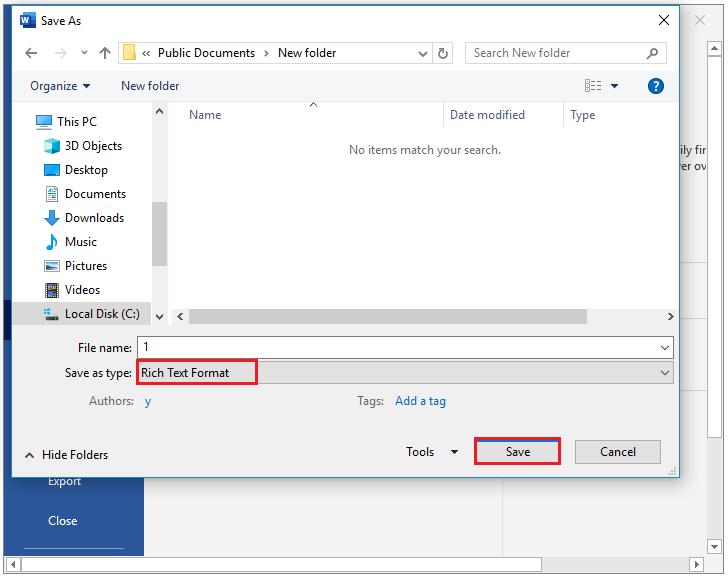 save the Word file to Rich Text Format