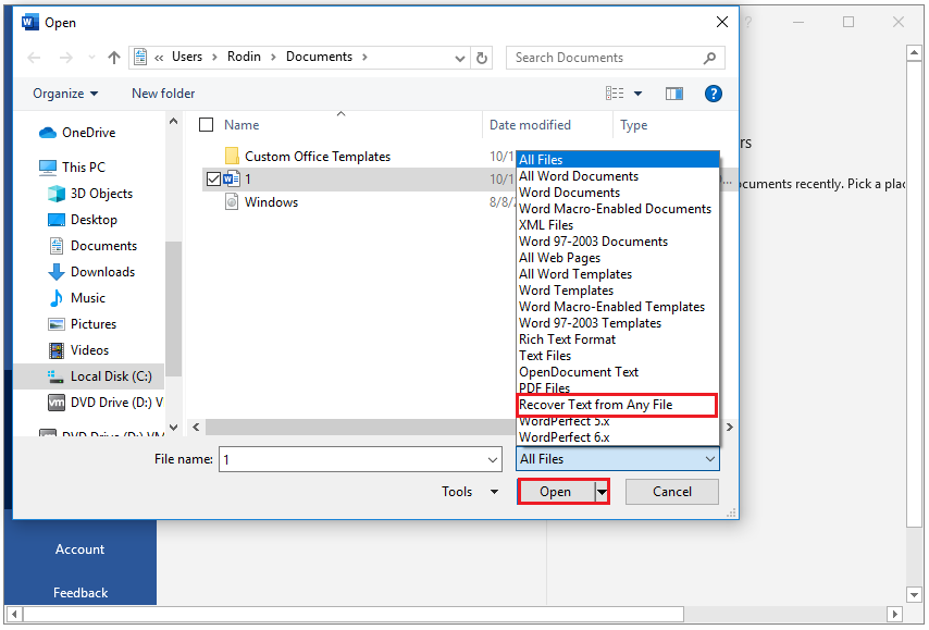 set the Save as type to Recover text from any file