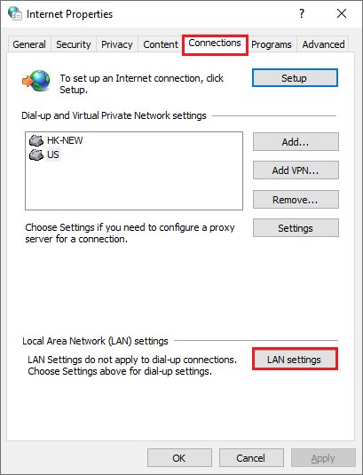 select LAN settings option