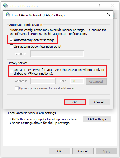 check the LAN Automatic configuration and Proxy server settings