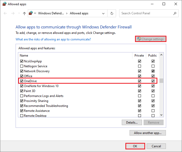 allow OneDrive through Firewall