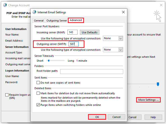 Change the Outgoing server (SMTP) port number