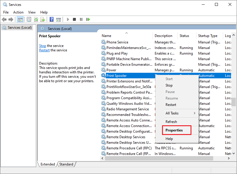 open Properties window of Print Spooler