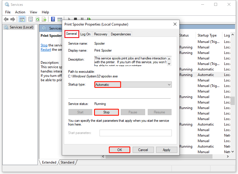 change the Startup type to Automatic and Stop the Service