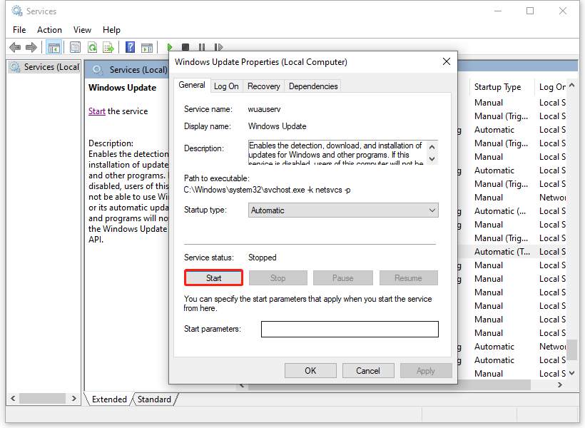 start the Windows Update service
