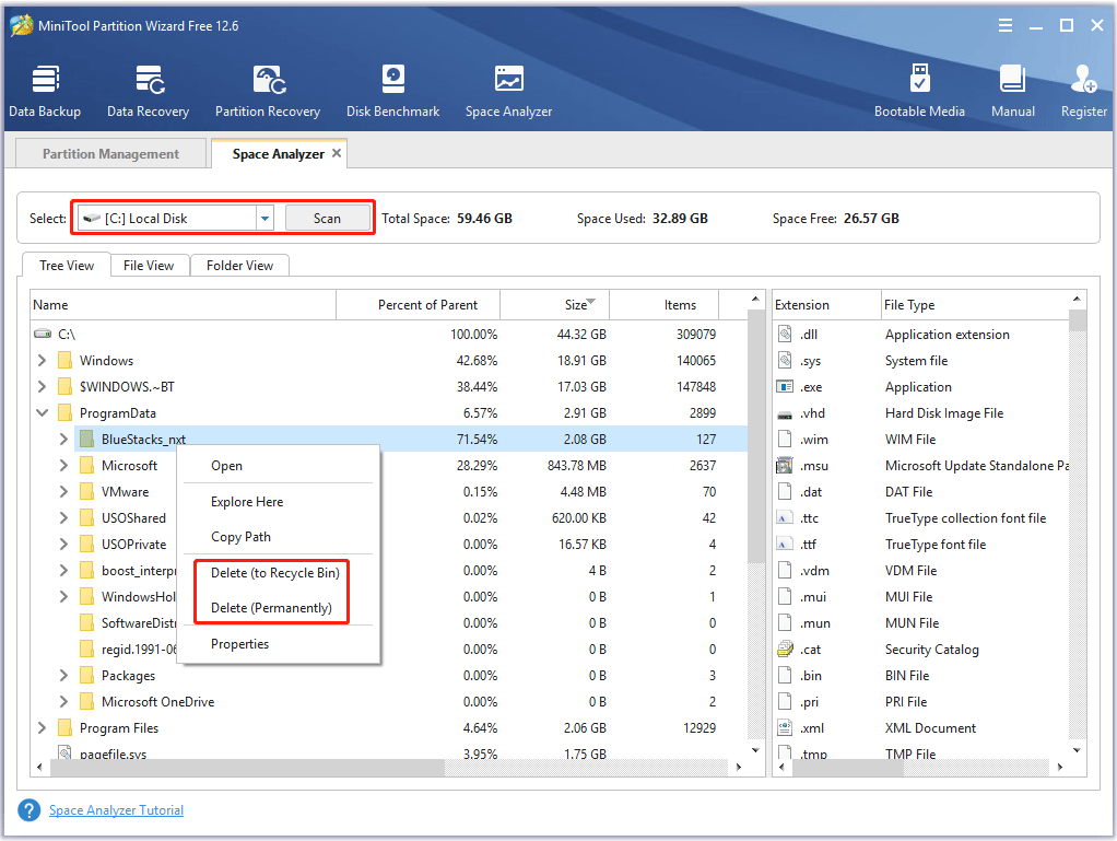 delete file in Space Analyzer