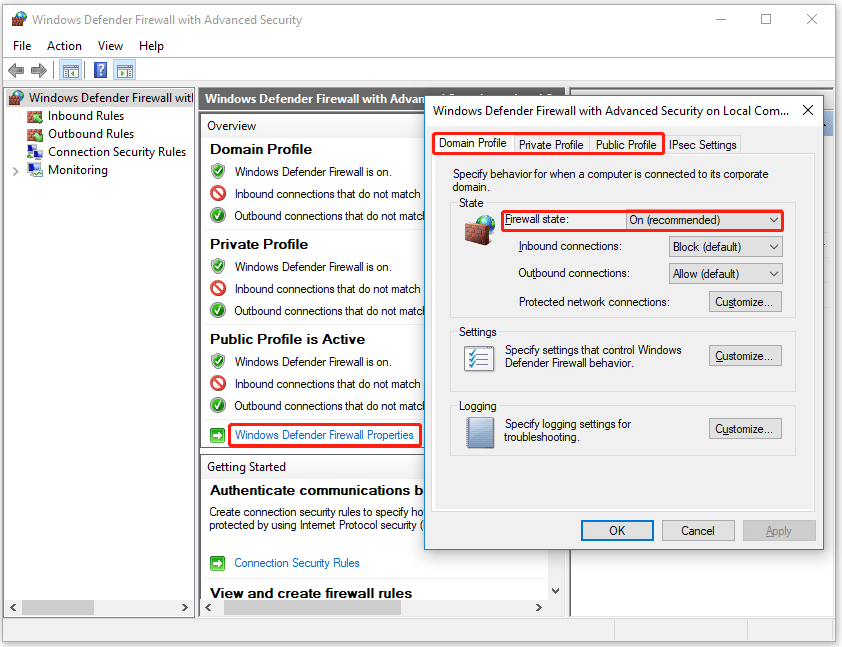 Tắt firewall cho tất cả các cấu hình của Windows Defender Firewall